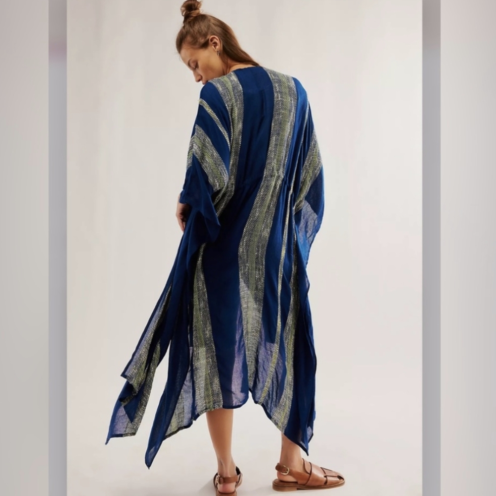 FREE PEOPLE Navy Striped Open-Front Kimono Cardigan - Picture 3 of 12